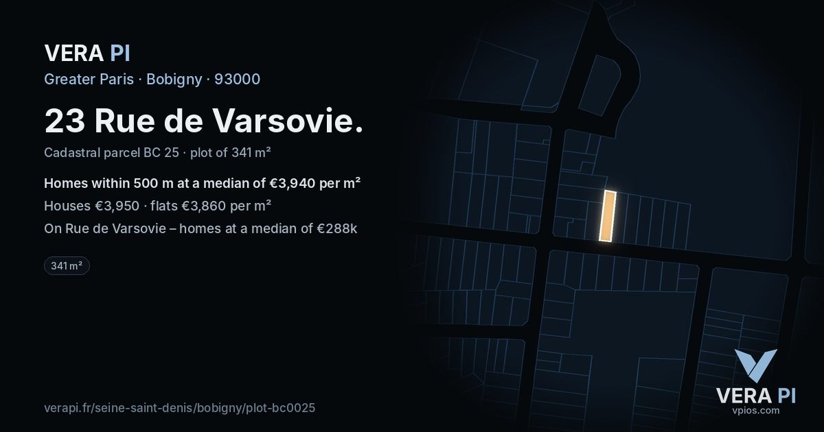 23 Rue de Varsovie, Bobigny at night – the plot lit, the parcels around coloured by the prices near them