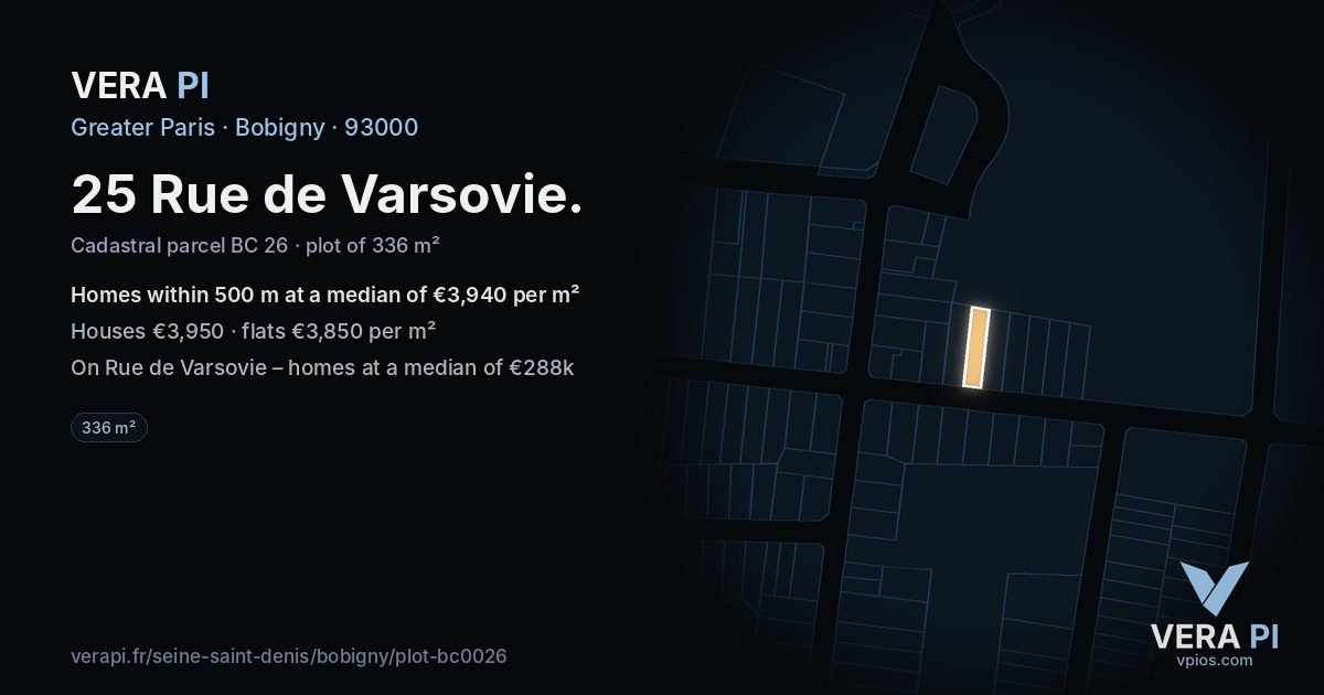 25 Rue de Varsovie, Bobigny at night – the plot lit, the parcels around coloured by the prices near them