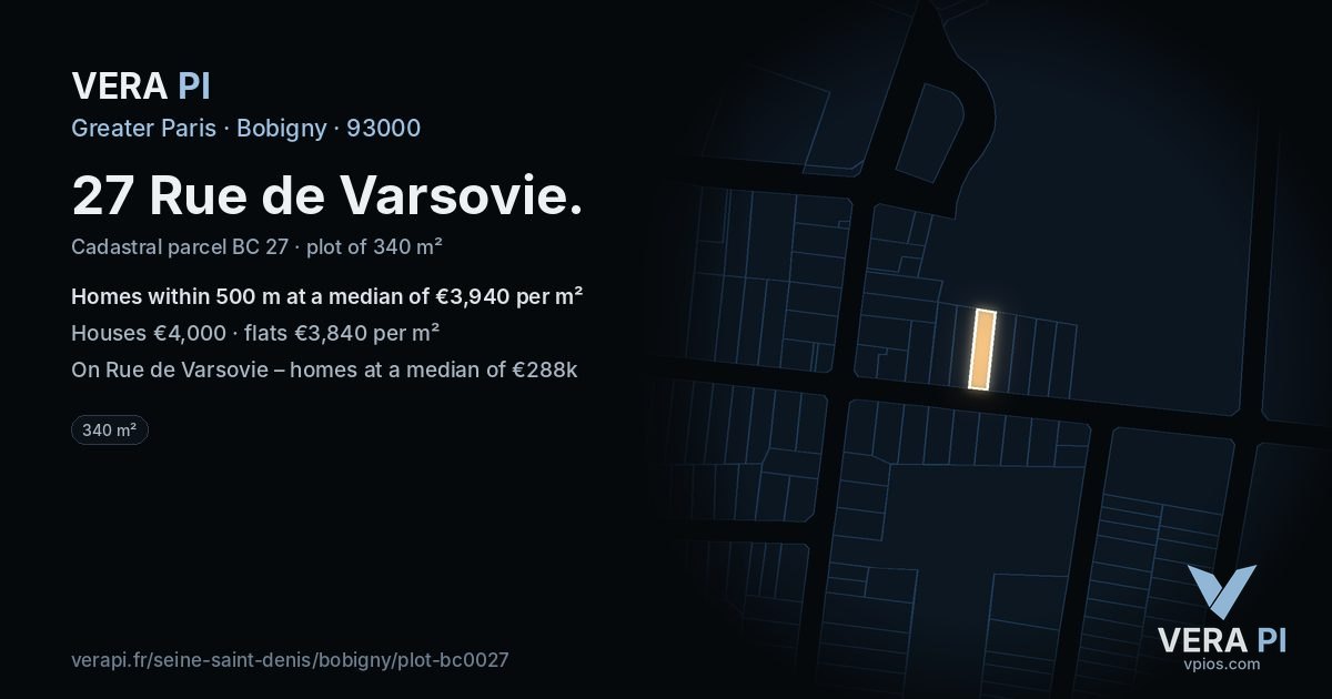 27 Rue de Varsovie, Bobigny at night – the plot lit, the parcels around coloured by the prices near them