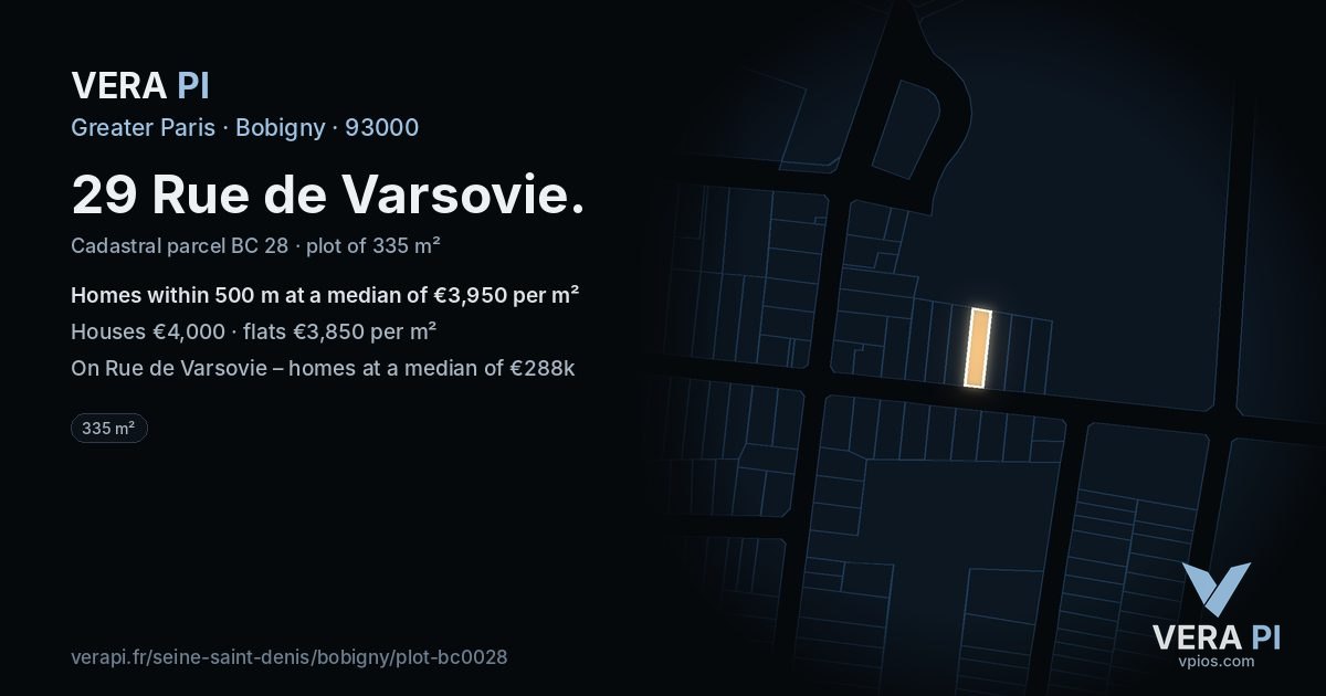 29 Rue de Varsovie, Bobigny at night – the plot lit, the parcels around coloured by the prices near them