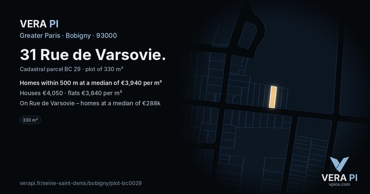31 Rue de Varsovie, Bobigny at night – the plot lit, the parcels around coloured by the prices near them
