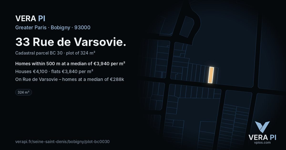 33 Rue de Varsovie, Bobigny at night – the plot lit, the parcels around coloured by the prices near them