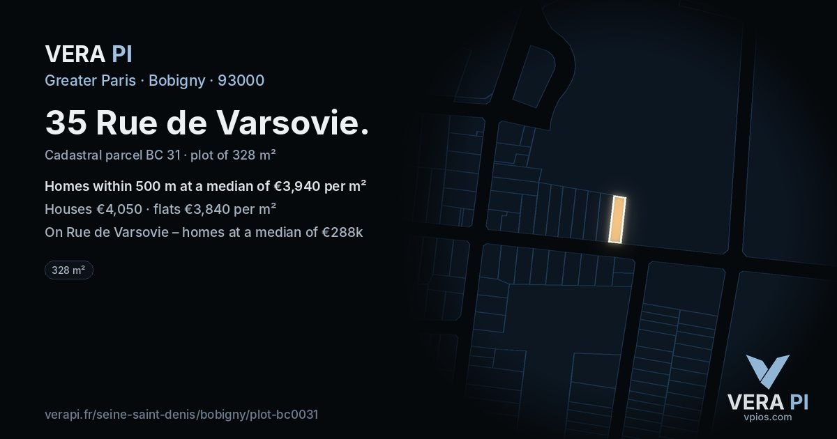 35 Rue de Varsovie, Bobigny at night – the plot lit, the parcels around coloured by the prices near them