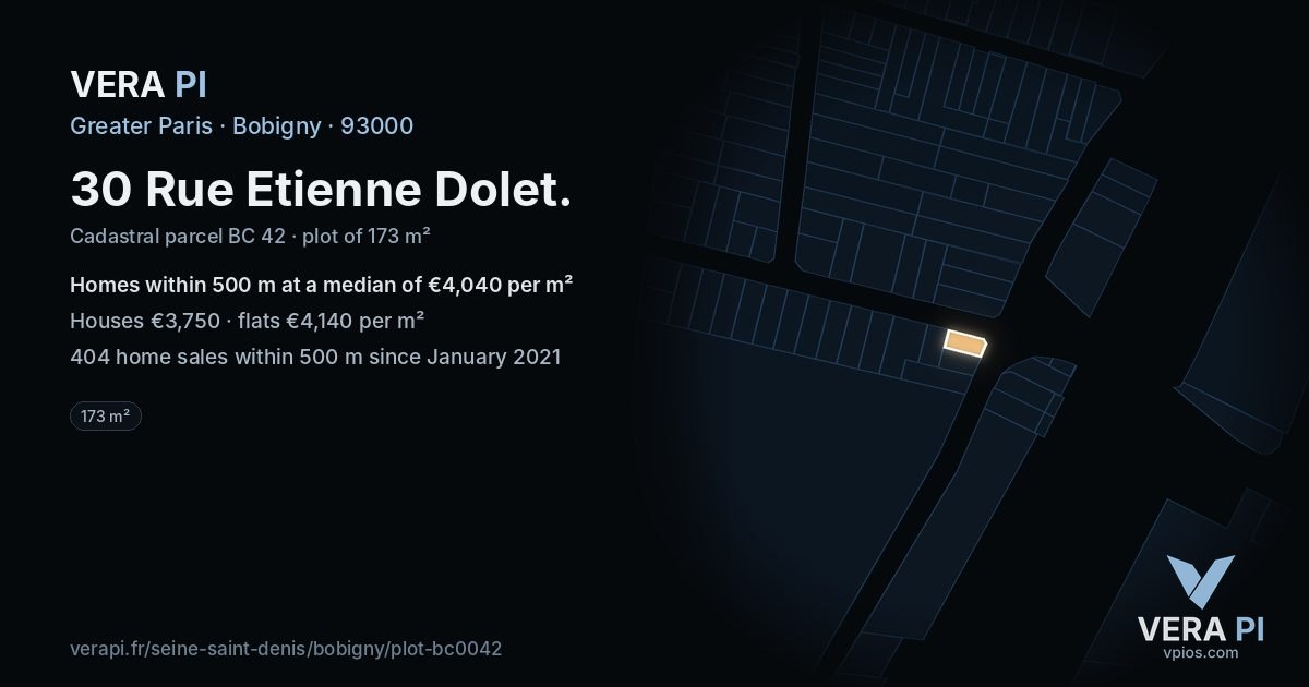30 Rue Etienne Dolet, Bobigny at night – the plot lit, the parcels around coloured by the prices near them