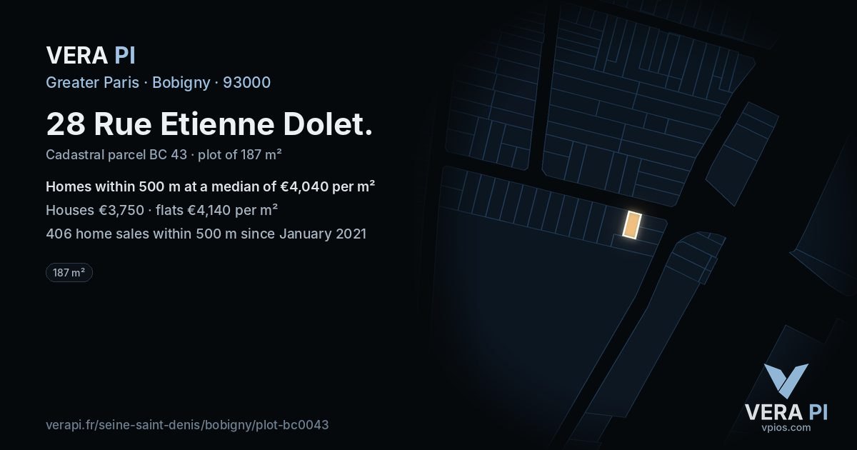 28 Rue Etienne Dolet, Bobigny at night – the plot lit, the parcels around coloured by the prices near them