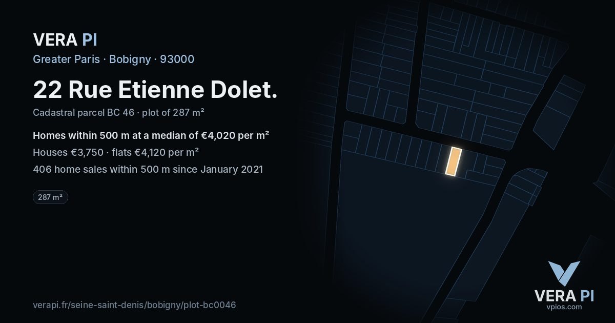 22 Rue Etienne Dolet, Bobigny at night – the plot lit, the parcels around coloured by the prices near them