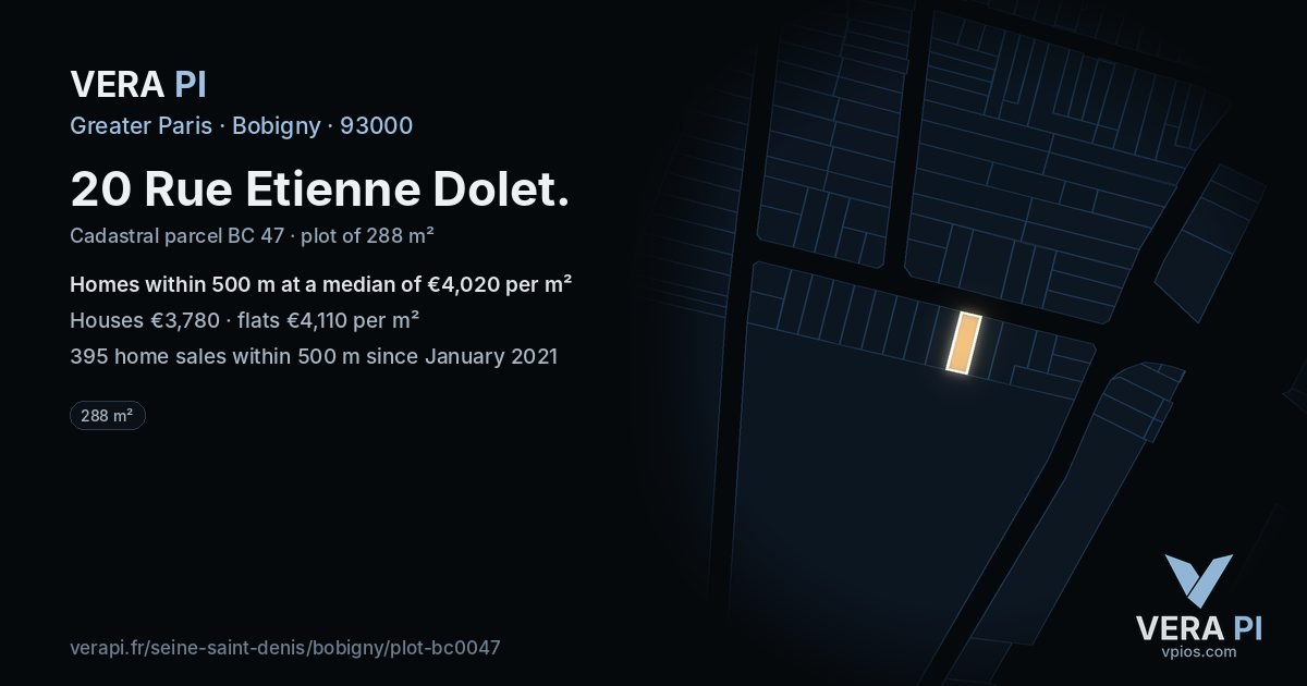 20 Rue Etienne Dolet, Bobigny at night – the plot lit, the parcels around coloured by the prices near them
