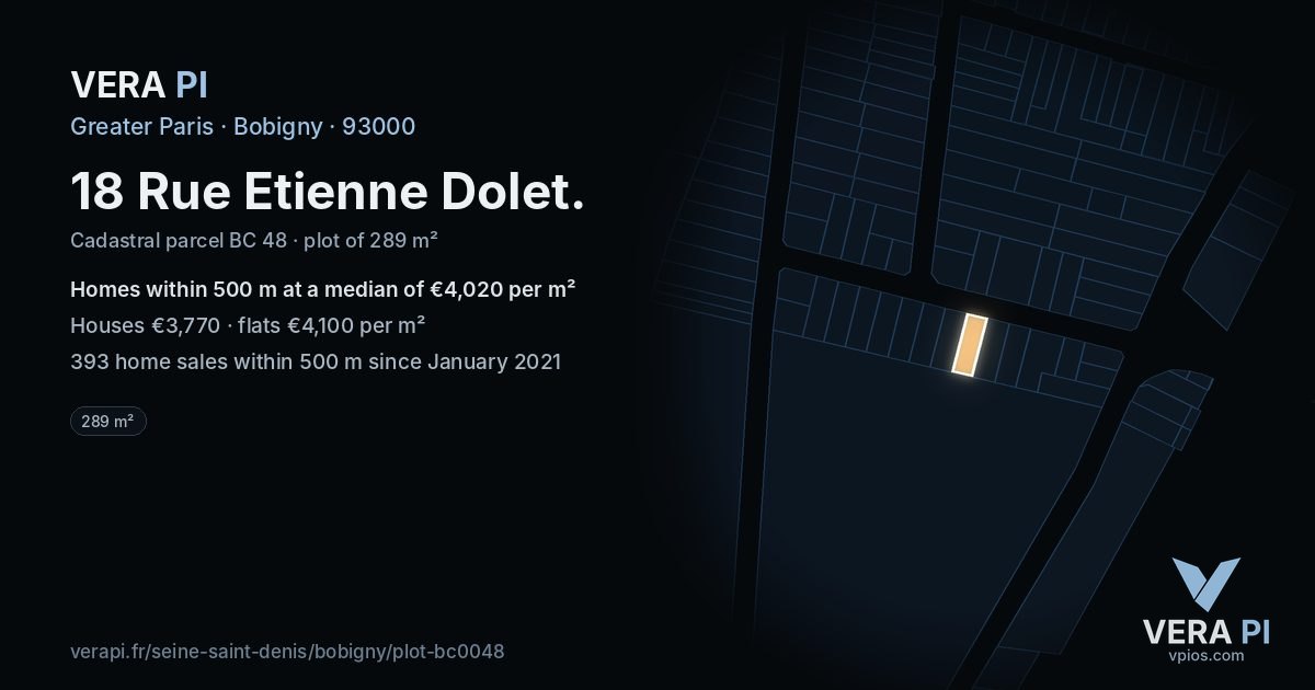 18 Rue Etienne Dolet, Bobigny at night – the plot lit, the parcels around coloured by the prices near them