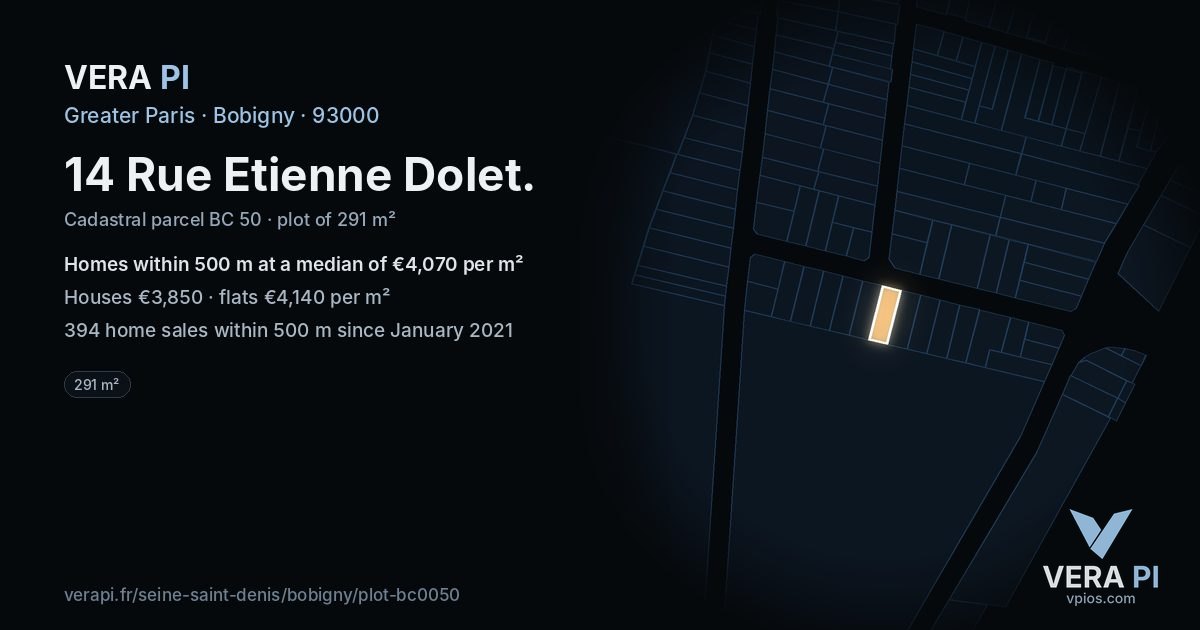 14 Rue Etienne Dolet, Bobigny at night – the plot lit, the parcels around coloured by the prices near them