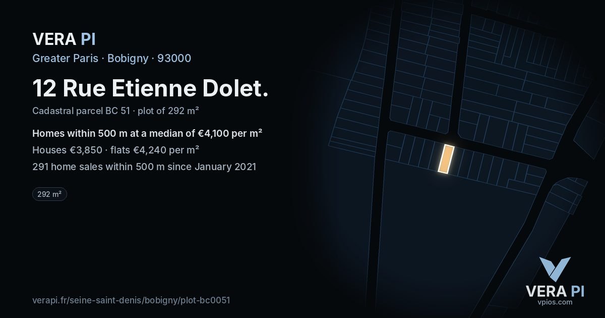 12 Rue Etienne Dolet, Bobigny at night – the plot lit, the parcels around coloured by the prices near them