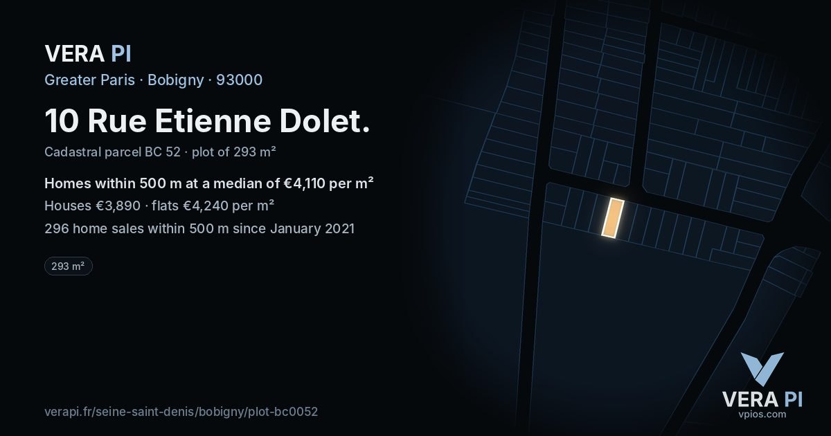 10 Rue Etienne Dolet, Bobigny at night – the plot lit, the parcels around coloured by the prices near them
