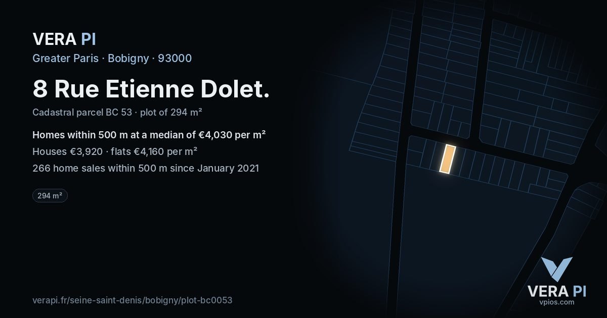 8 Rue Etienne Dolet, Bobigny at night – the plot lit, the parcels around coloured by the prices near them