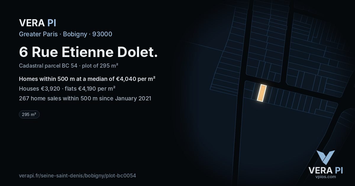 6 Rue Etienne Dolet, Bobigny at night – the plot lit, the parcels around coloured by the prices near them