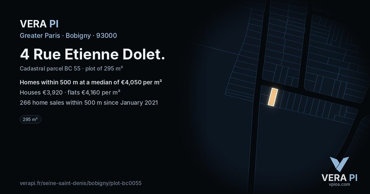 4 Rue Etienne Dolet, Bobigny at night – the plot lit, the parcels around coloured by the prices near them