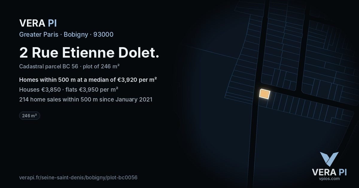 2 Rue Etienne Dolet, Bobigny at night – the plot lit, the parcels around coloured by the prices near them