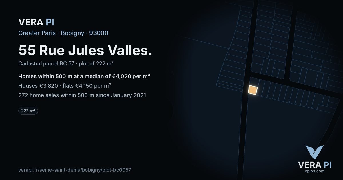 55 Rue Jules Valles, Bobigny at night – the plot lit, the parcels around coloured by the prices near them