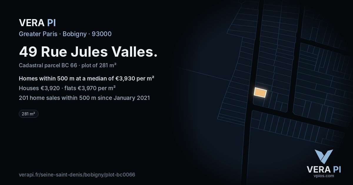 49 Rue Jules Valles, Bobigny at night – the plot lit, the parcels around coloured by the prices near them