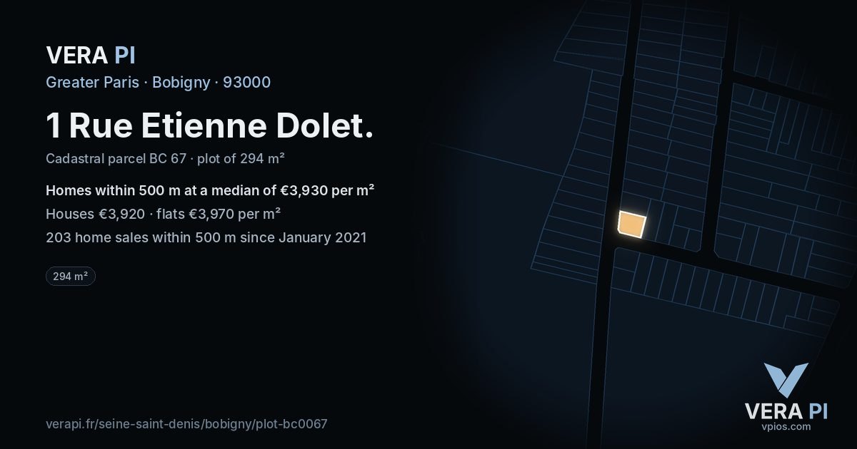 1 Rue Etienne Dolet, Bobigny at night – the plot lit, the parcels around coloured by the prices near them