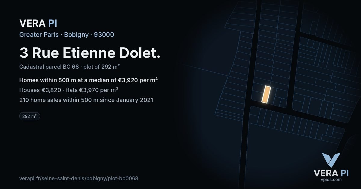 3 Rue Etienne Dolet, Bobigny at night – the plot lit, the parcels around coloured by the prices near them