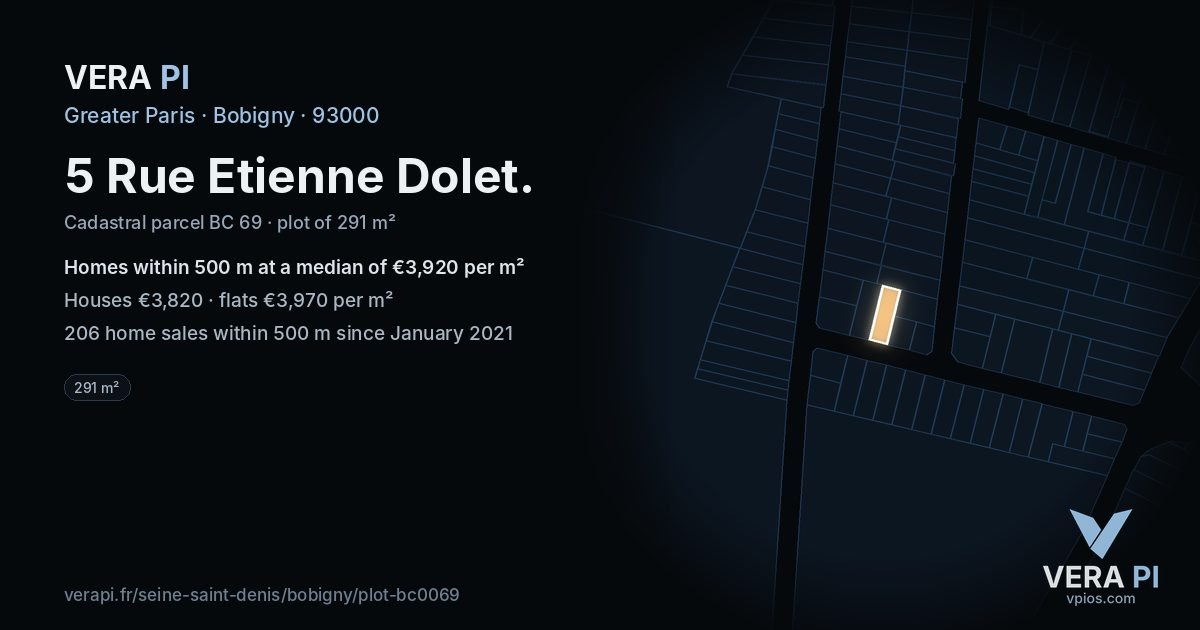 5 Rue Etienne Dolet, Bobigny at night – the plot lit, the parcels around coloured by the prices near them