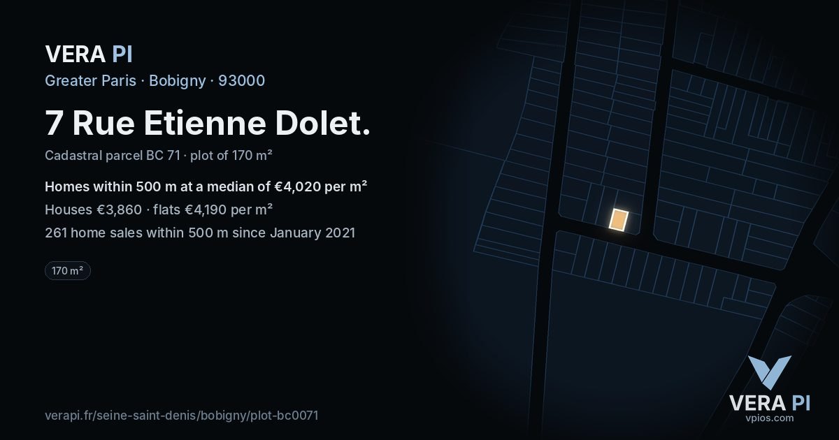 7 Rue Etienne Dolet, Bobigny at night – the plot lit, the parcels around coloured by the prices near them