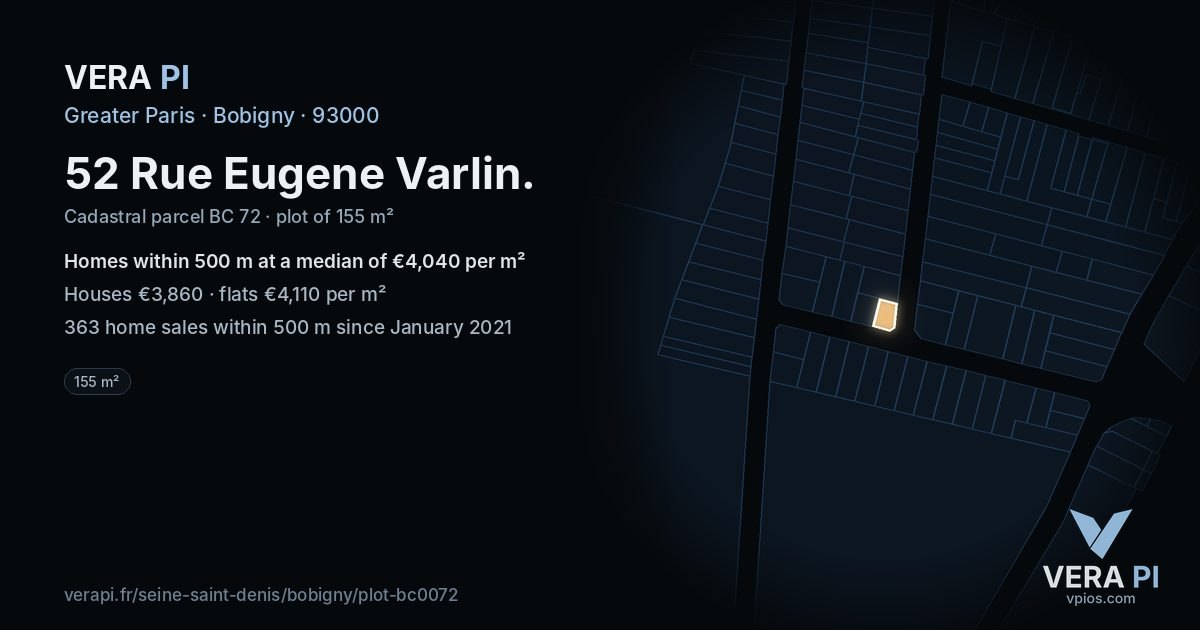 52 Rue Eugene Varlin, Bobigny at night – the plot lit, the parcels around coloured by the prices near them