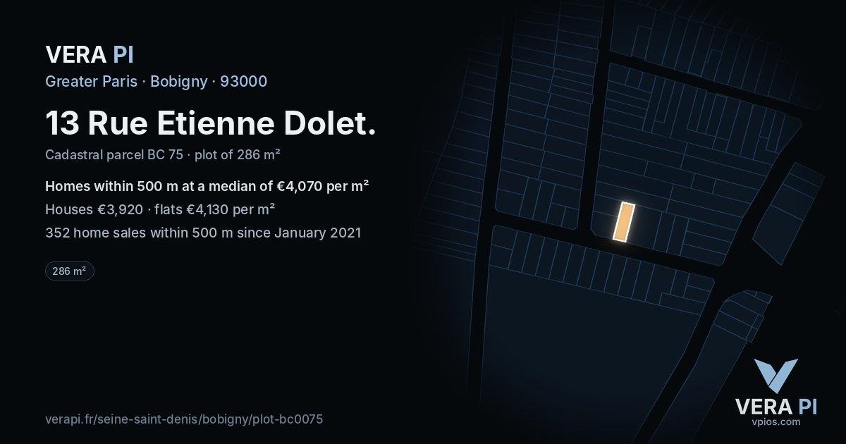 13 Rue Etienne Dolet, Bobigny at night – the plot lit, the parcels around coloured by the prices near them