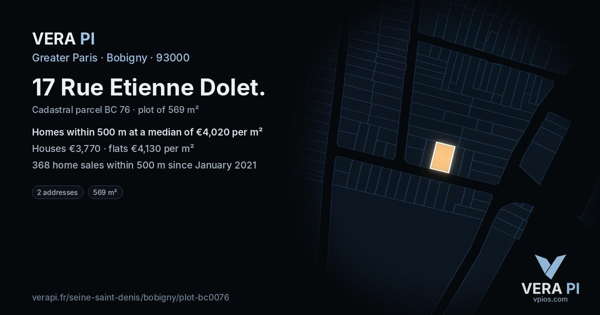 17 Rue Etienne Dolet, Bobigny at night – the plot lit, the parcels around coloured by the prices near them