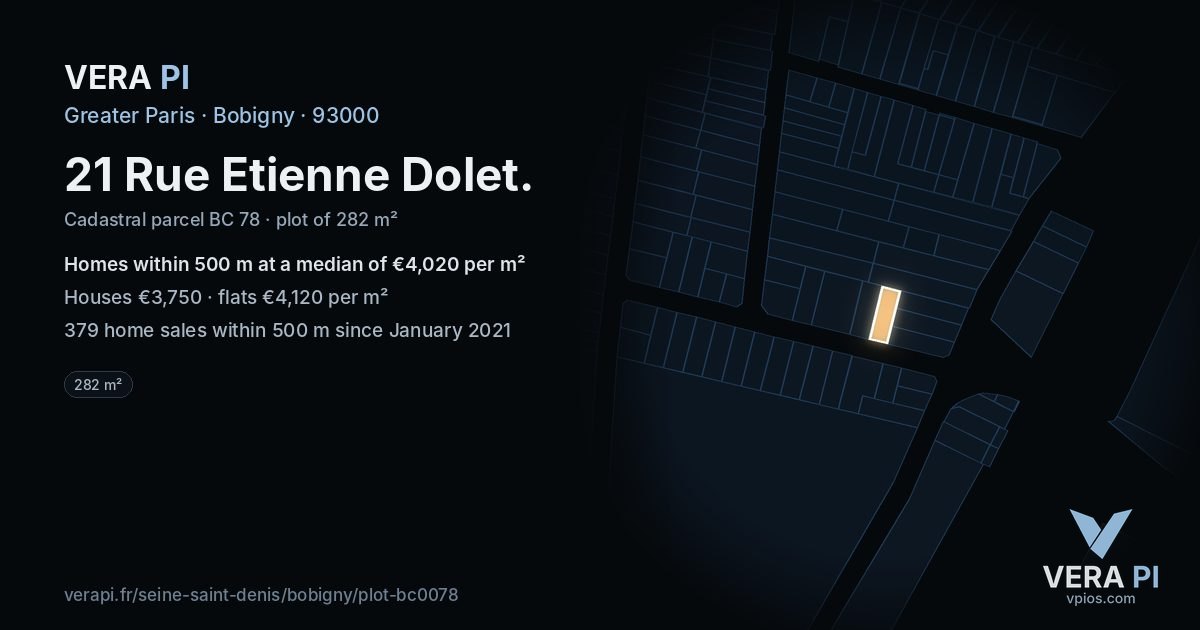 21 Rue Etienne Dolet, Bobigny at night – the plot lit, the parcels around coloured by the prices near them