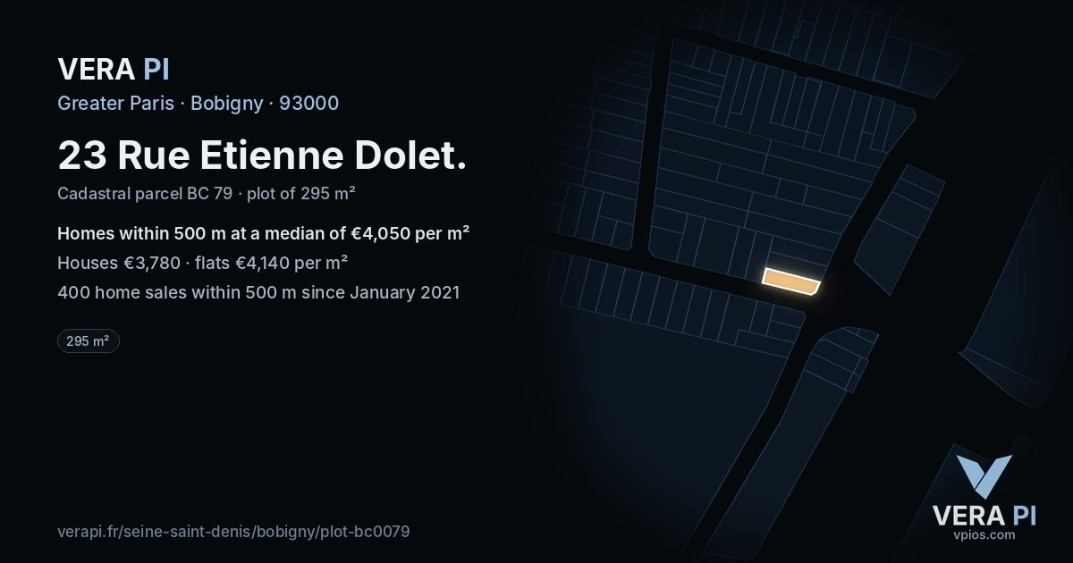 23 Rue Etienne Dolet, Bobigny at night – the plot lit, the parcels around coloured by the prices near them