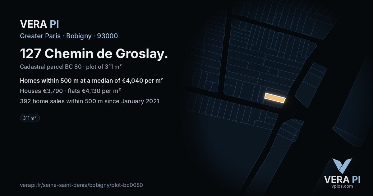 127 Chemin de Groslay, Bobigny at night – the plot lit, the parcels around coloured by the prices near them