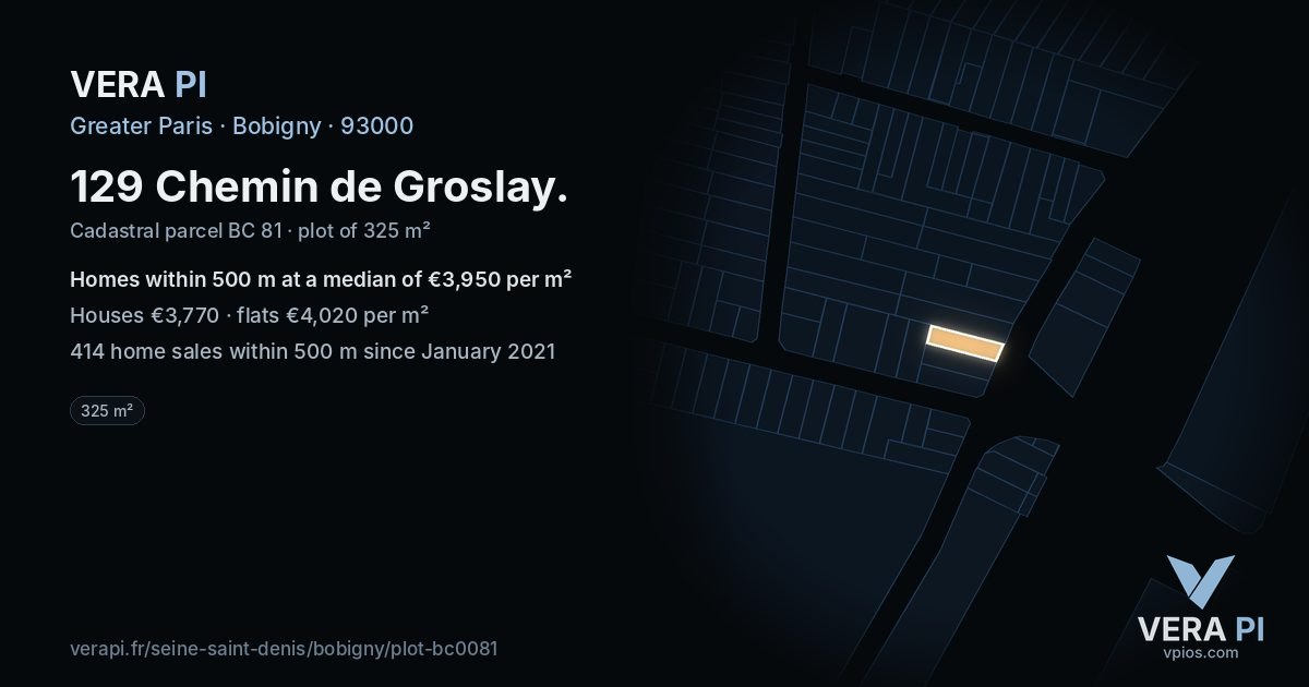 129 Chemin de Groslay, Bobigny at night – the plot lit, the parcels around coloured by the prices near them