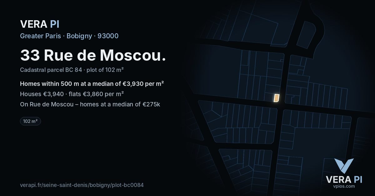 33 Rue de Moscou, Bobigny at night – the plot lit, the parcels around coloured by the prices near them