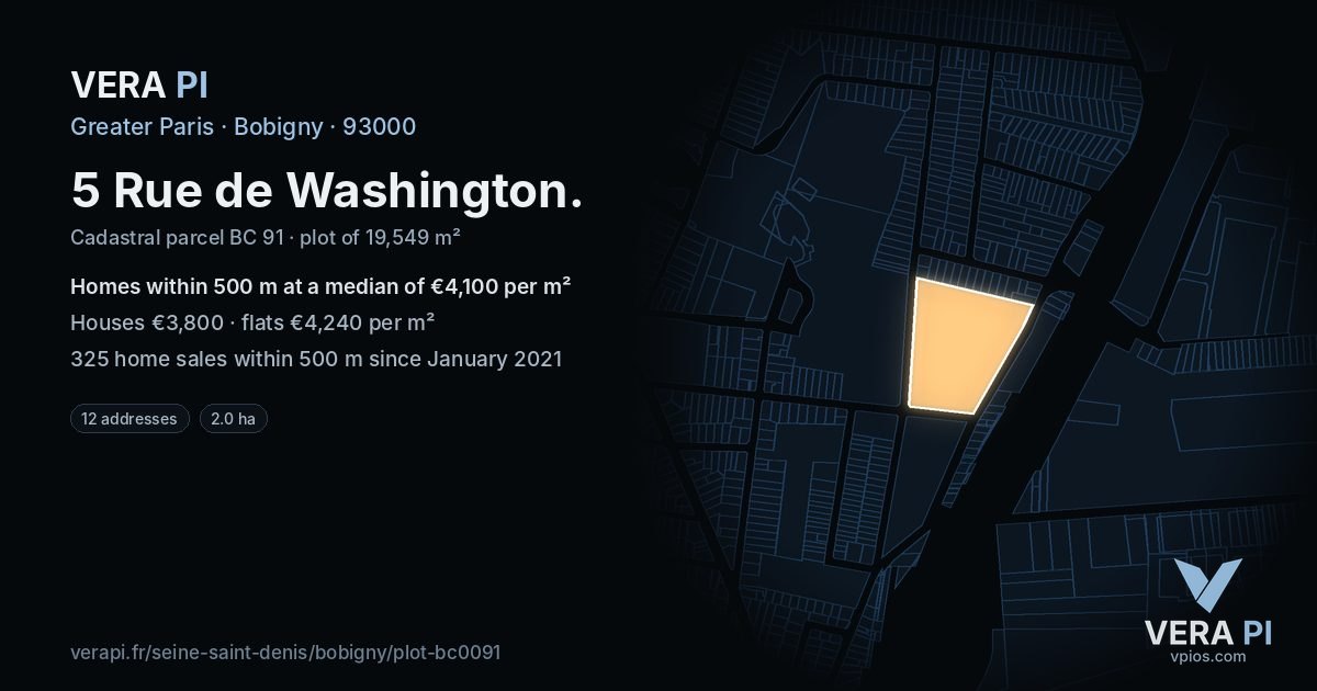 5 Rue de Washington, Bobigny at night – the plot lit, the parcels around coloured by the prices near them