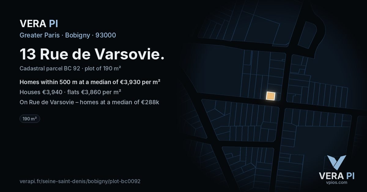 13 Rue de Varsovie, Bobigny at night – the plot lit, the parcels around coloured by the prices near them
