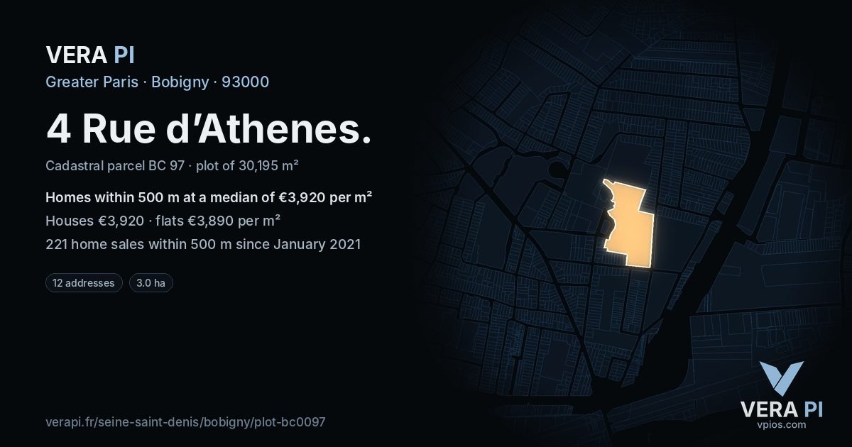 4 Rue d’Athenes, Bobigny at night – the plot lit, the parcels around coloured by the prices near them