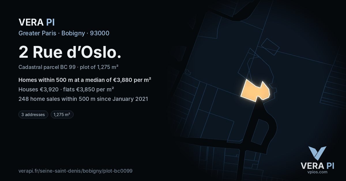 2 Rue d’Oslo, Bobigny at night – the plot lit, the parcels around coloured by the prices near them