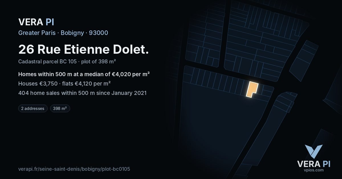 26 Rue Etienne Dolet, Bobigny at night – the plot lit, the parcels around coloured by the prices near them