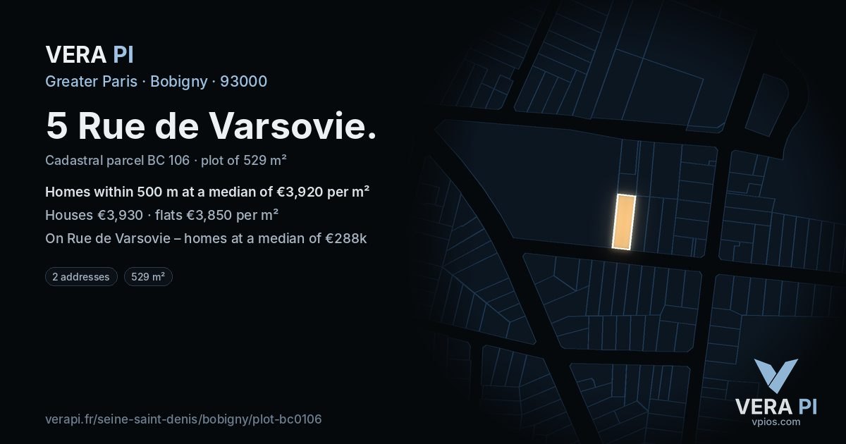 5 Rue de Varsovie, Bobigny at night – the plot lit, the parcels around coloured by the prices near them