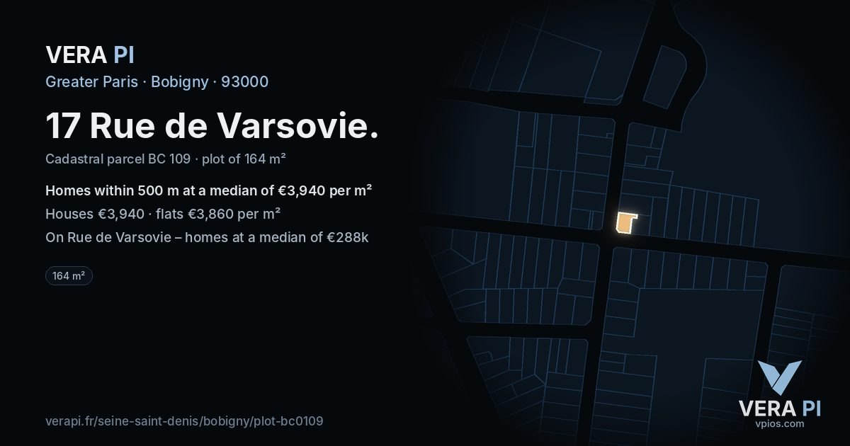 17 Rue de Varsovie, Bobigny at night – the plot lit, the parcels around coloured by the prices near them