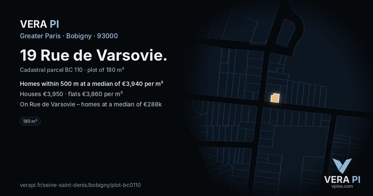 19 Rue de Varsovie, Bobigny at night – the plot lit, the parcels around coloured by the prices near them