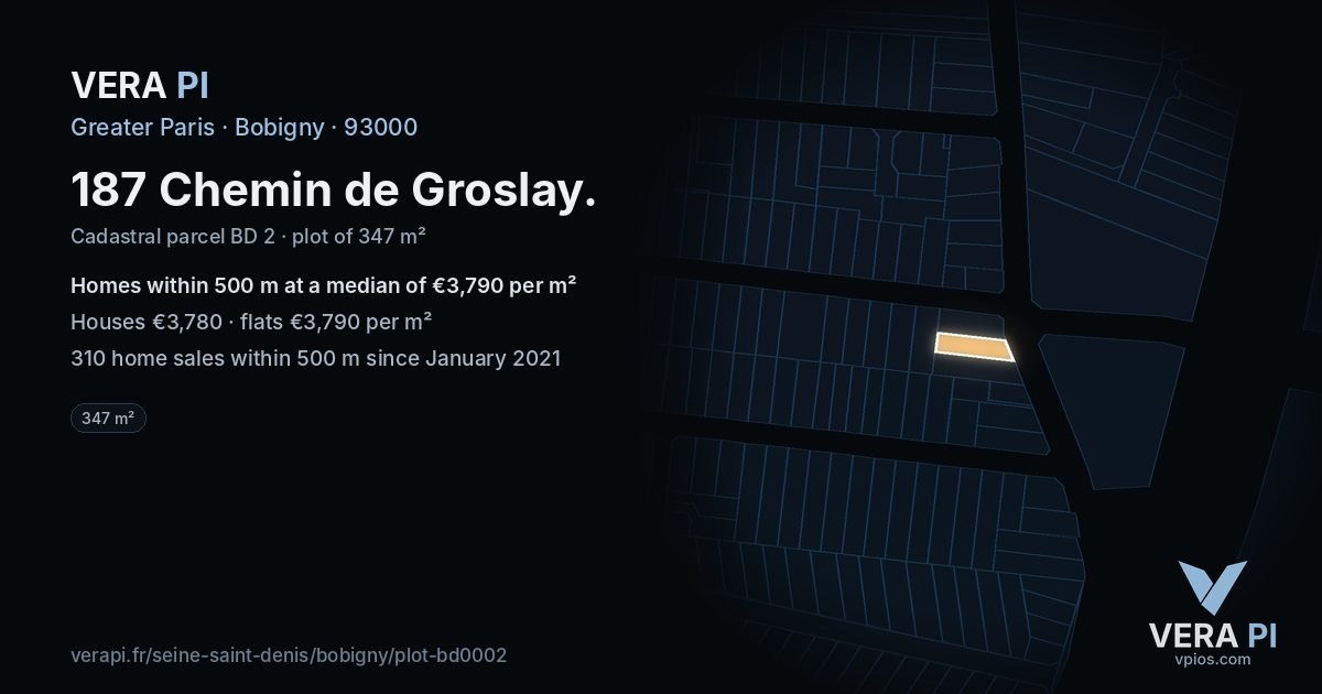187 Chemin de Groslay, Bobigny at night – the plot lit, the parcels around coloured by the prices near them