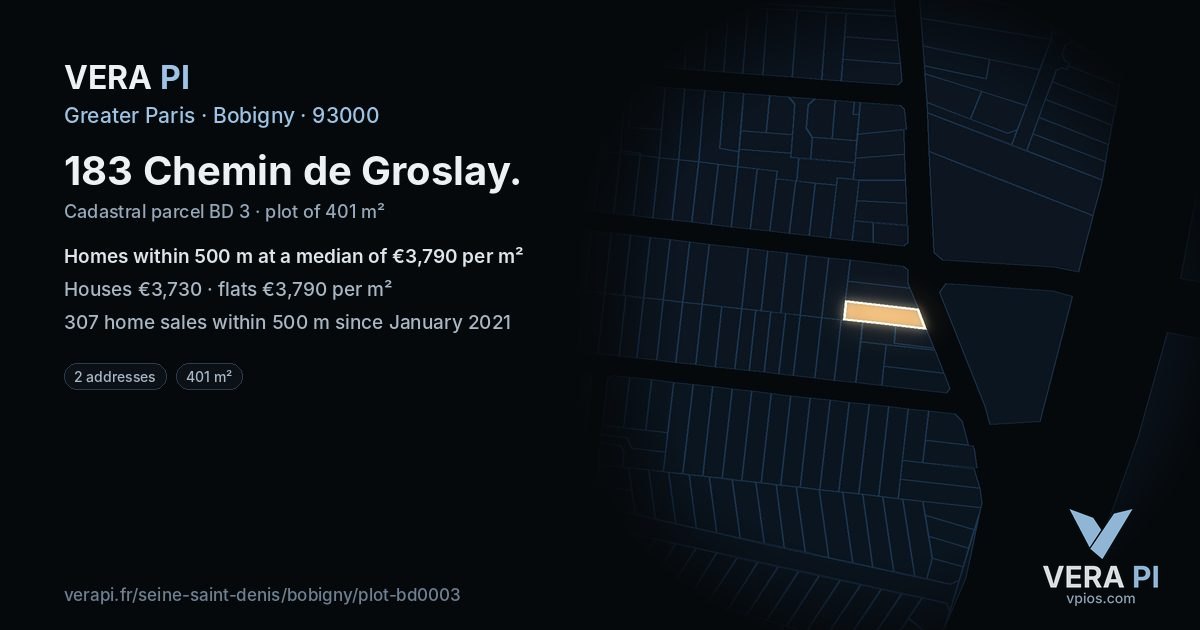 183 Chemin de Groslay, Bobigny at night – the plot lit, the parcels around coloured by the prices near them