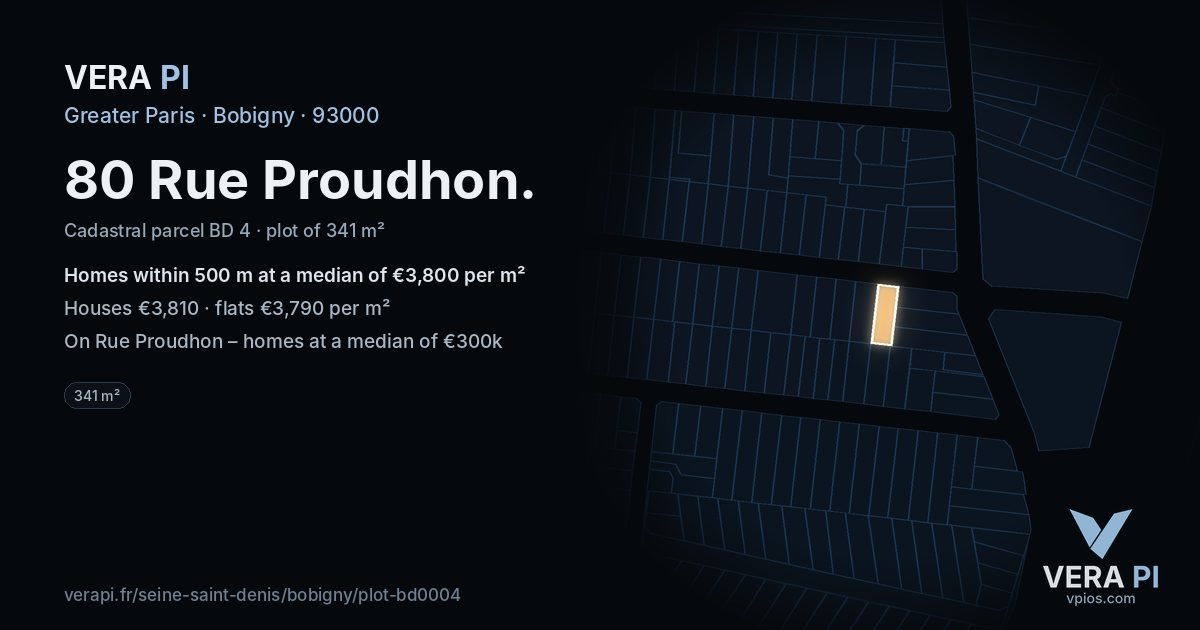 80 Rue Proudhon, Bobigny at night – the plot lit, the parcels around coloured by the prices near them