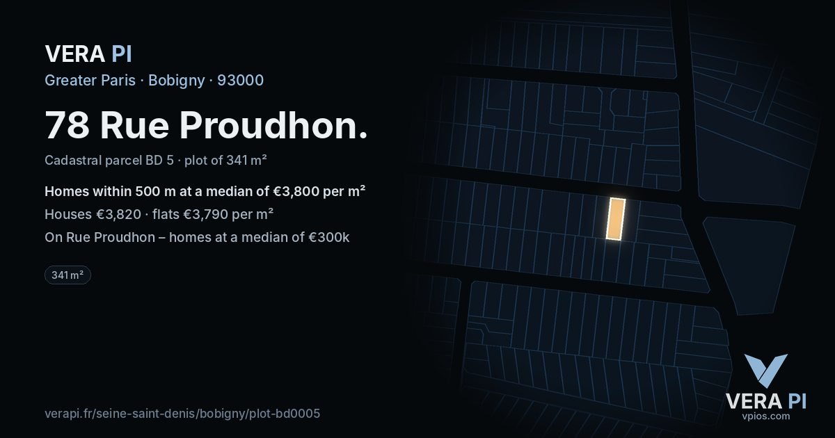 78 Rue Proudhon, Bobigny at night – the plot lit, the parcels around coloured by the prices near them