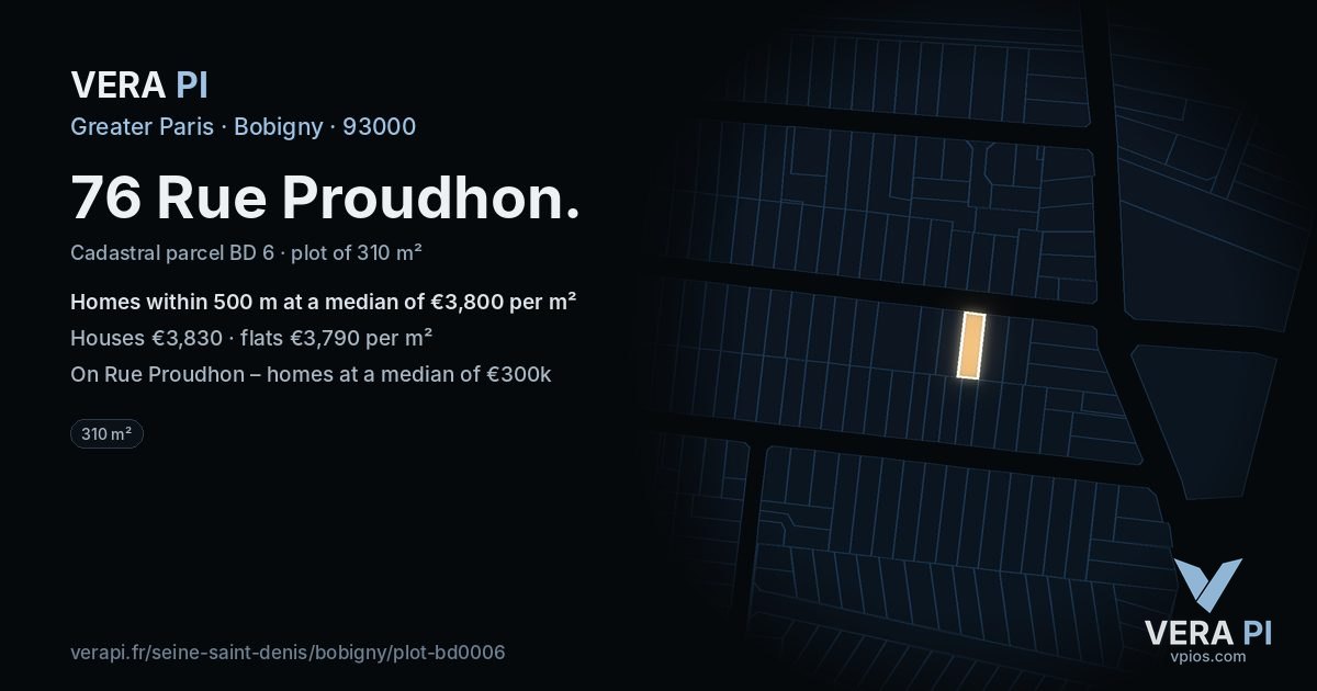 76 Rue Proudhon, Bobigny at night – the plot lit, the parcels around coloured by the prices near them
