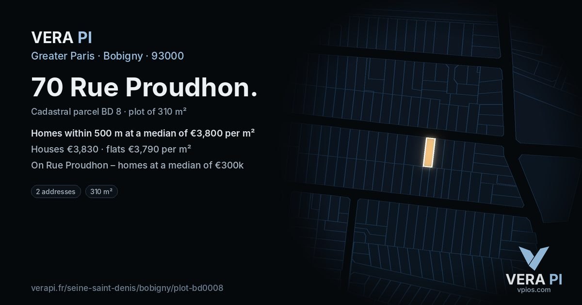 70 Rue Proudhon, Bobigny at night – the plot lit, the parcels around coloured by the prices near them