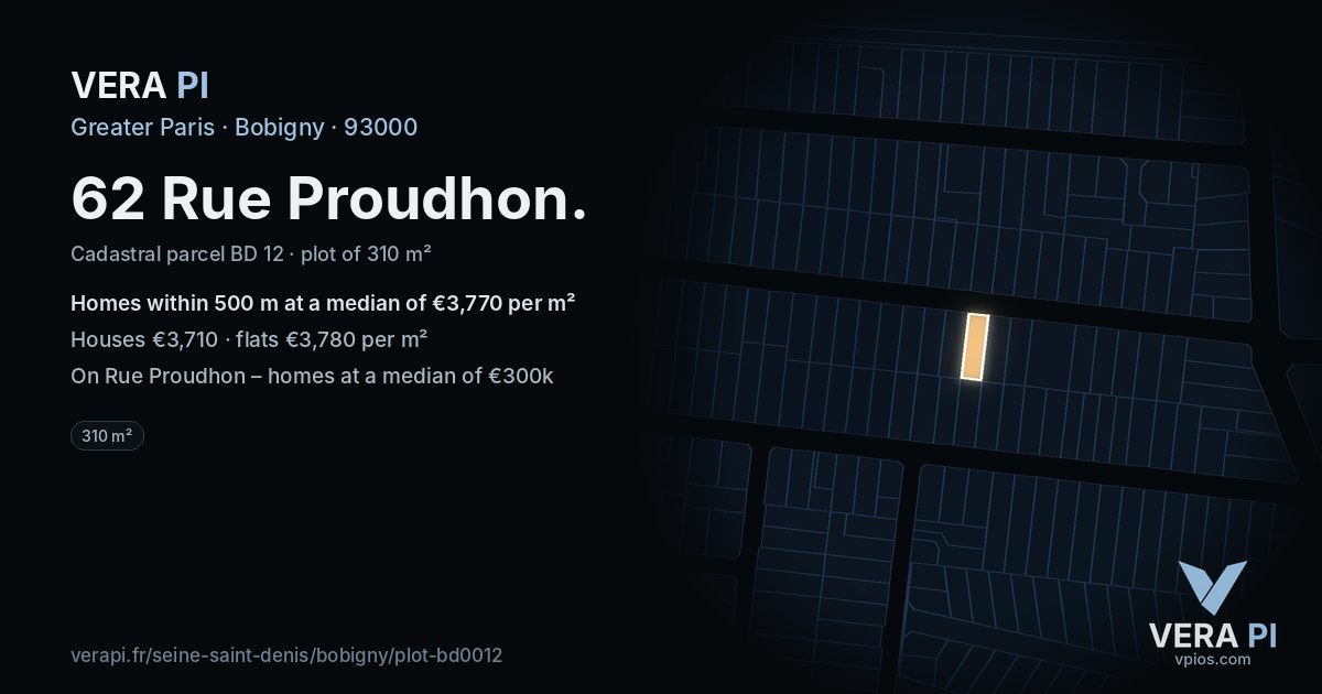 62 Rue Proudhon, Bobigny at night – the plot lit, the parcels around coloured by the prices near them