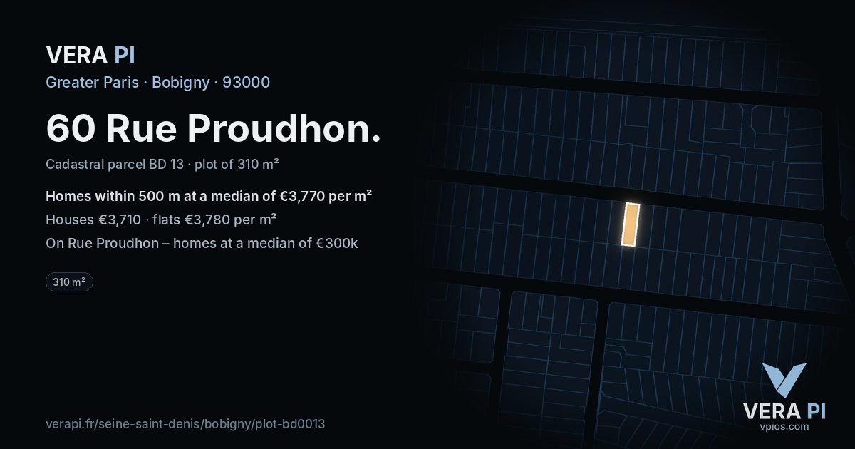 60 Rue Proudhon, Bobigny at night – the plot lit, the parcels around coloured by the prices near them