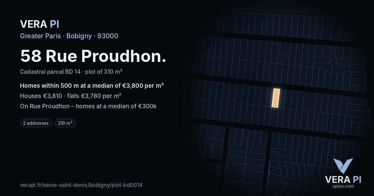 58 Rue Proudhon, Bobigny at night – the plot lit, the parcels around coloured by the prices near them